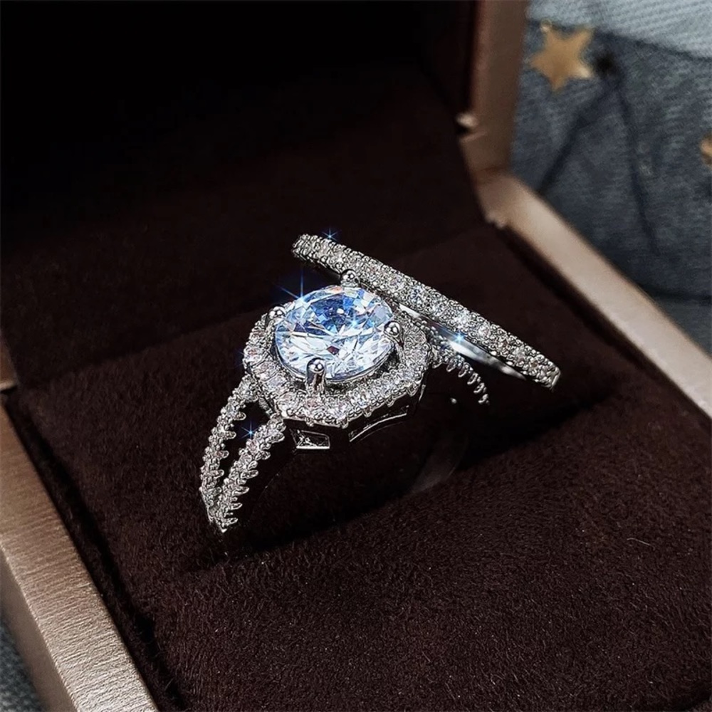 New 2 pc/Set 925 Silver Diamond Promise Ring - Picture 5 of 5